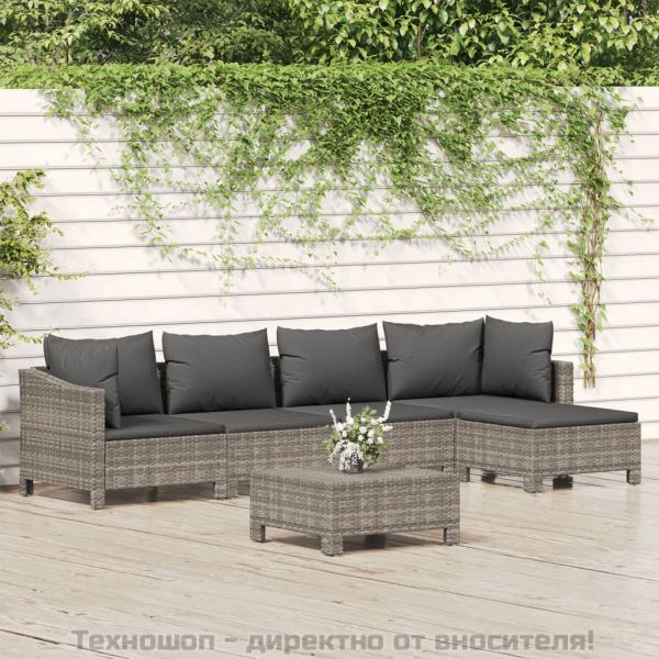 Градински комплект с възглавници, 6 части, полиратан, сив