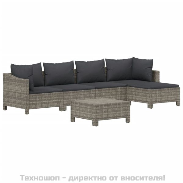 Градински комплект с възглавници, 6 части, полиратан, сив