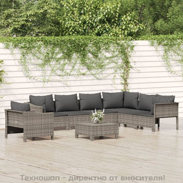 Градински комплект с възглавници, 8 части, полиратан, сив