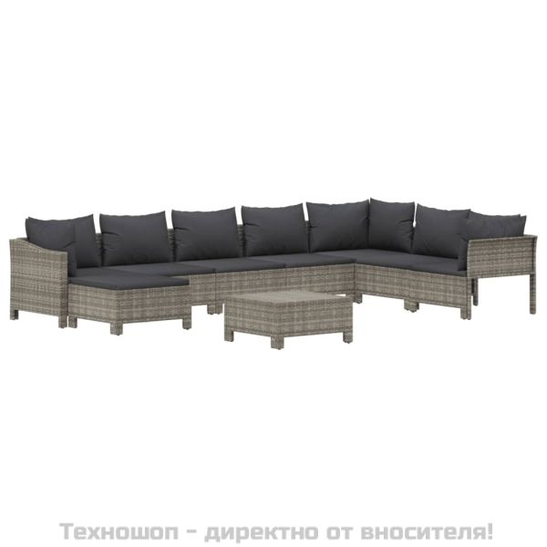Градински лаундж комплект с възглавници 9 части сив полиратан