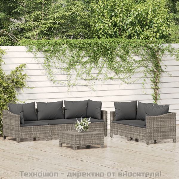 Градински комплект с възглавници, 6 части, полиратан, сив