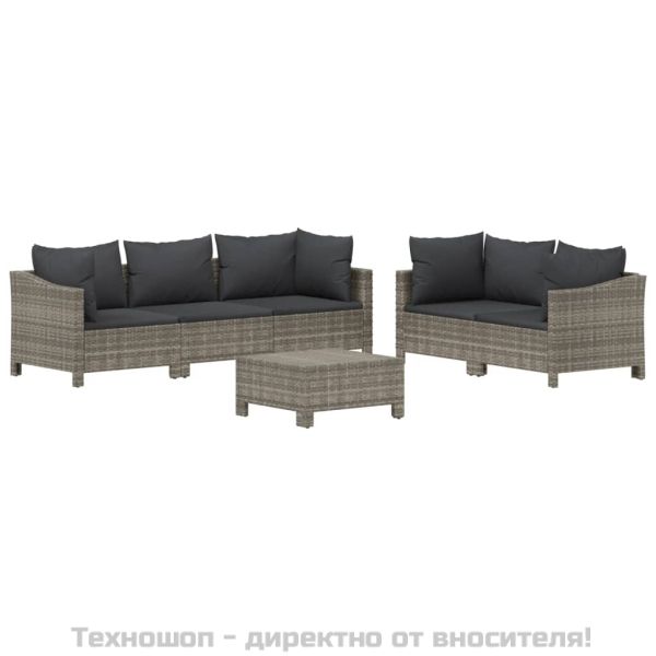 Градински комплект с възглавници, 6 части, полиратан, сив