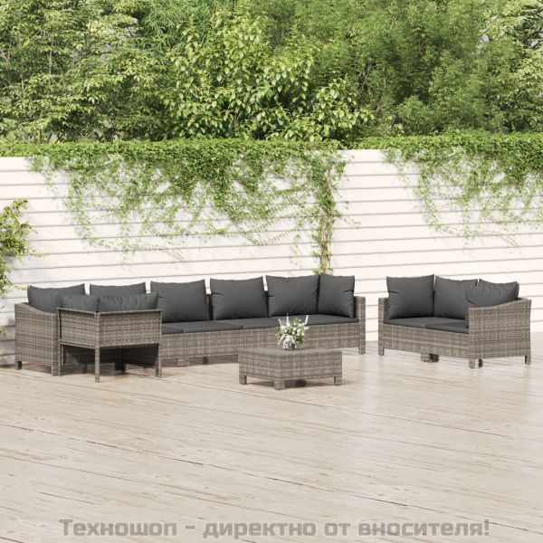 Градински лаундж комплект с възглавници 9 части сив полиратан