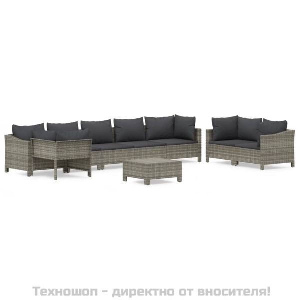 Градински лаундж комплект с възглавници 9 части сив полиратан