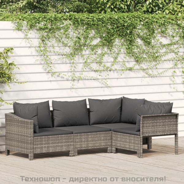 Градински лаундж комплект с възглавници 4 части сив полиратан