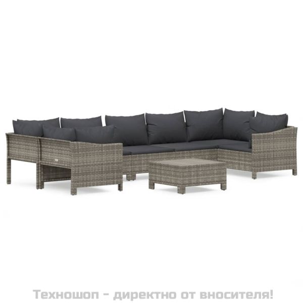 Градински комплект с възглавници, 8 части, полиратан, сив