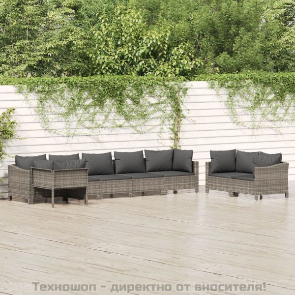 Градински комплект с възглавници, 8 части, полиратан, сив