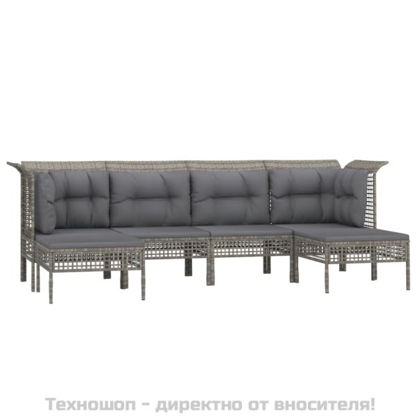 Градински комплект с възглавници, 6 части, полиратан, сив