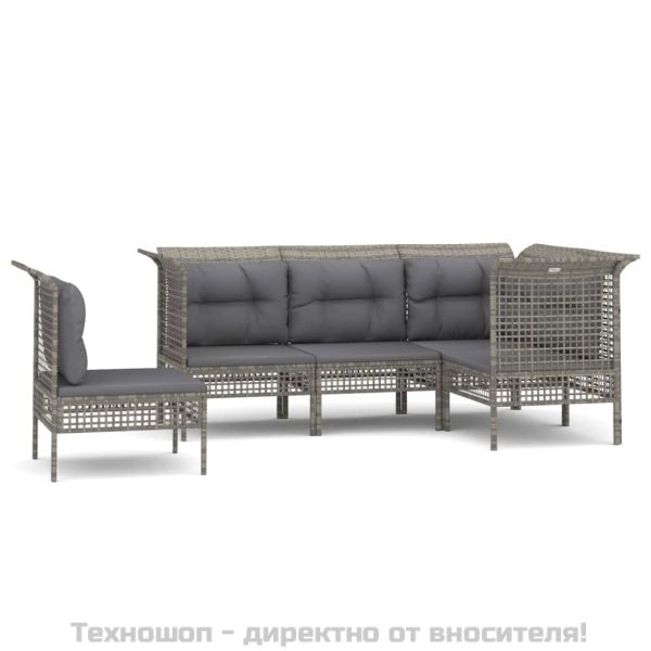 Градински лаундж комплект с възглавници 5 части сив полиратан