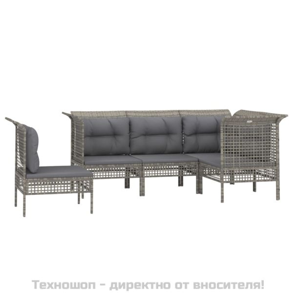 Градински лаундж комплект с възглавници 5 части сив полиратан