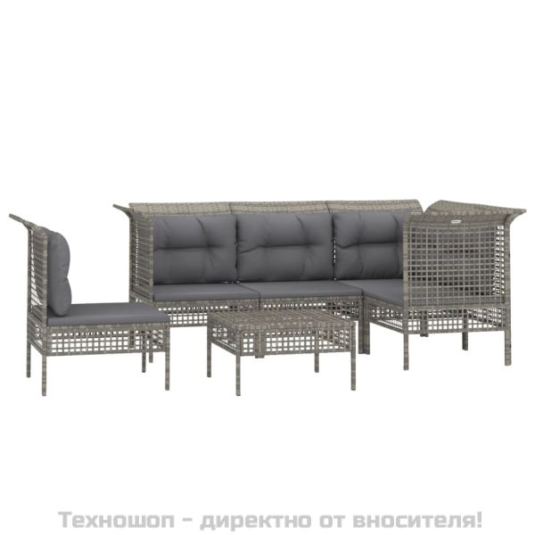 Градински комплект с възглавници, 6 части, полиратан, сив