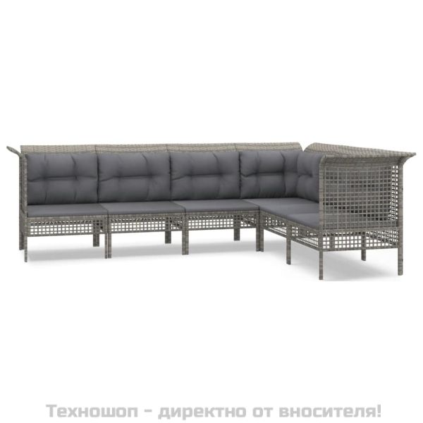 Градински комплект с възглавници, 6 части, полиратан, сив