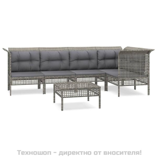 Градински комплект с възглавници, 6 части, полиратан, сив