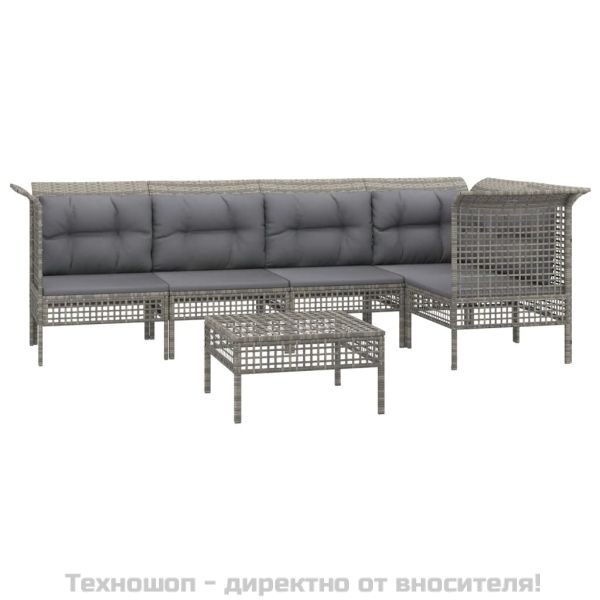 Градински комплект с възглавници, 6 части, полиратан, сив