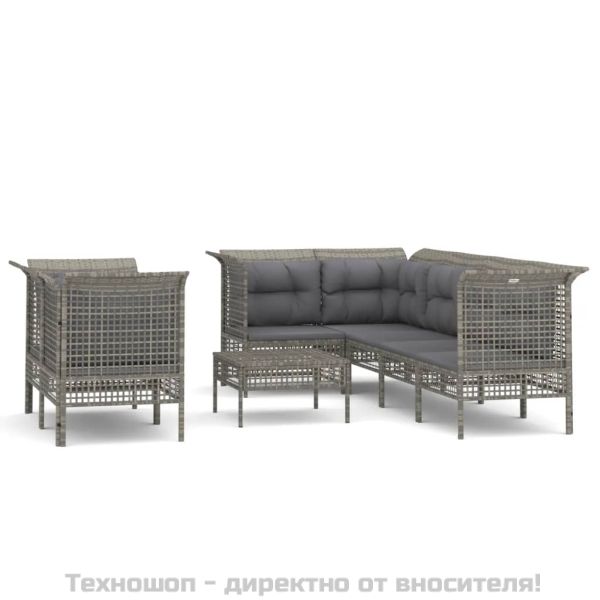 Градински комплект с възглавници, 8 части, полиратан, сив