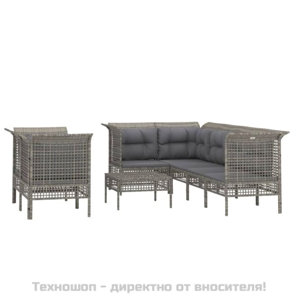 Градински комплект с възглавници, 8 части, полиратан, сив