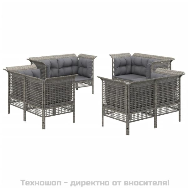 Градински комплект с възглавници, 8 части, полиратан, сив