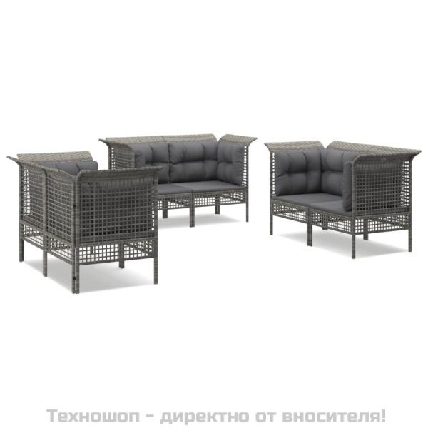 Градински комплект с възглавници, 6 части, полиратан, сив