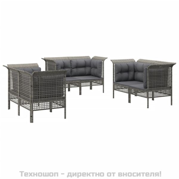 Градински комплект с възглавници, 6 части, полиратан, сив