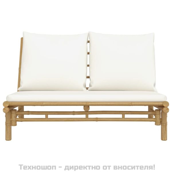 Градинска пейка с кремавобели възглавници, бамбук