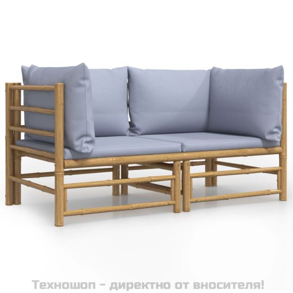 Градински ъглови дивани, 2 бр, светлосиви възглавници, бамбук