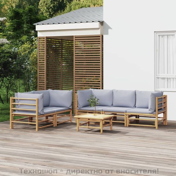 Градински лаундж комплект 6 части светлосиви възглавници бамбук