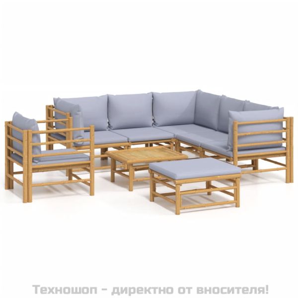 Градински лаундж комплект 8 части светлосиви възглавници бамбук