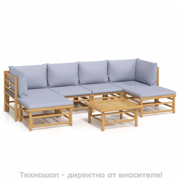 Градински лаундж комплект 7 части светлосиви възглавници бамбук