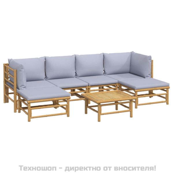 Градински лаундж комплект 7 части светлосиви възглавници бамбук