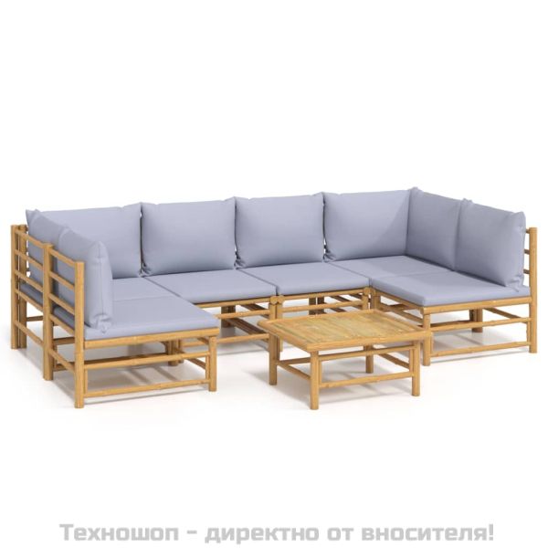 Градински лаундж комплект 7 части светлосиви възглавници бамбук