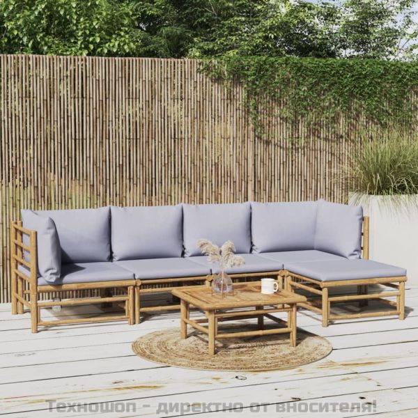 Градински лаундж комплект 6 части светлосиви възглавници бамбук