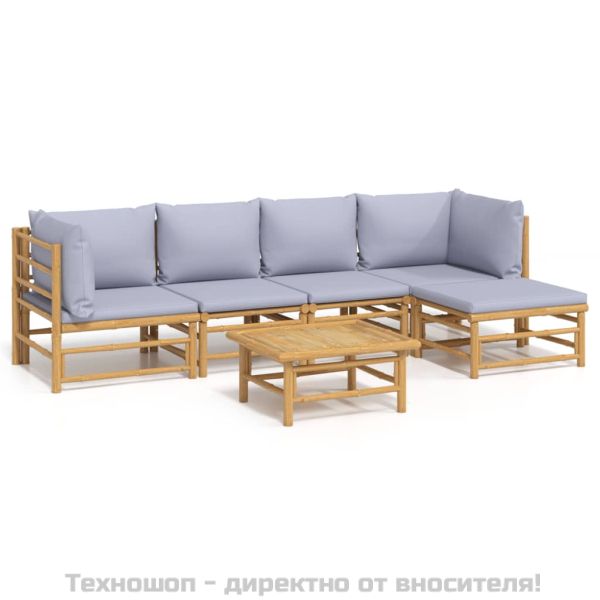 Градински лаундж комплект 6 части светлосиви възглавници бамбук
