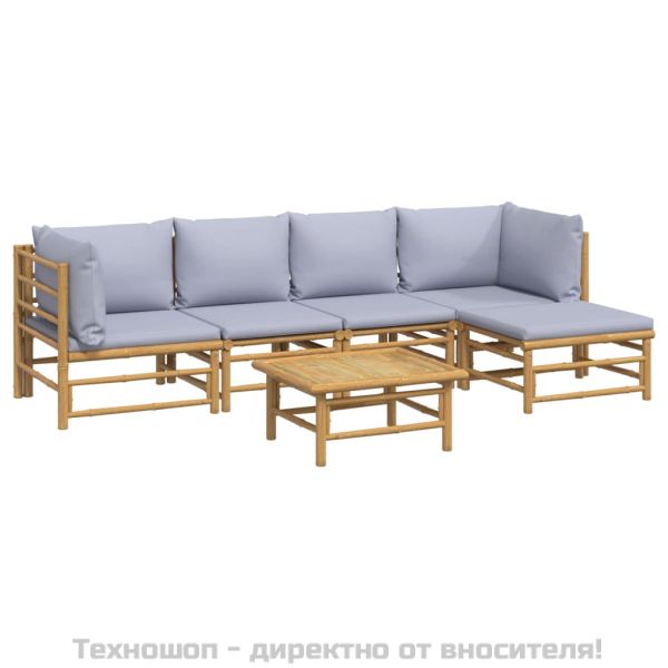 Градински лаундж комплект 6 части светлосиви възглавници бамбук