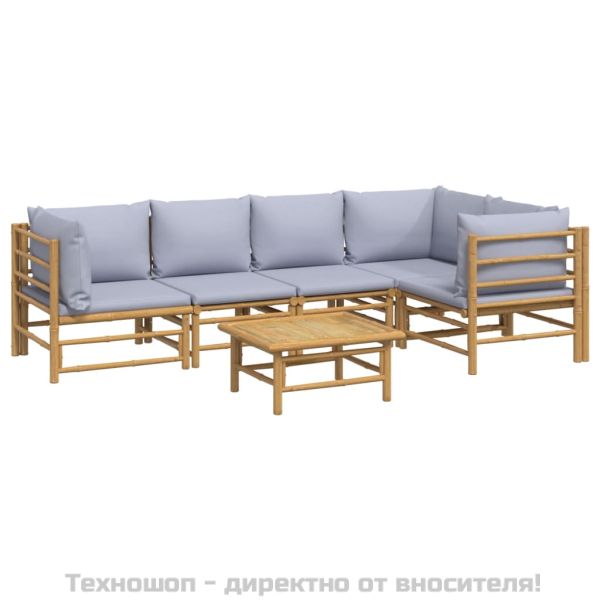 Градински лаундж комплект 6 части светлосиви възглавници бамбук