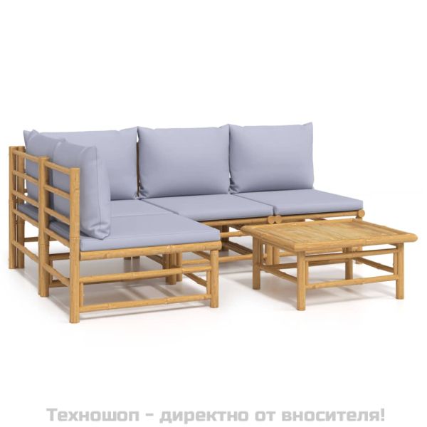 Градински лаундж комплект 5 части светлосиви възглавници бамбук