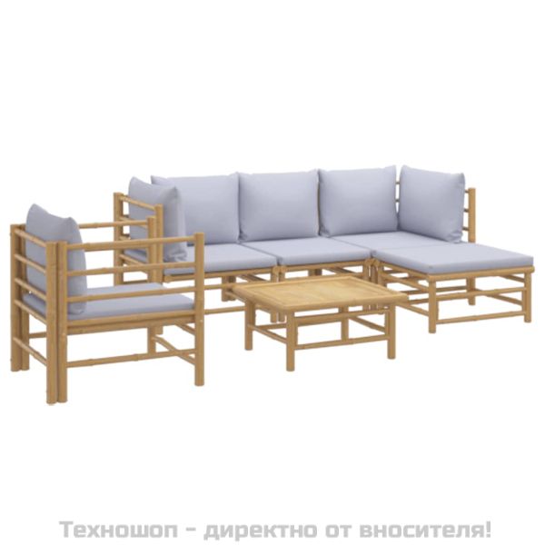 Градински лаундж комплект 6 части светлосиви възглавници бамбук