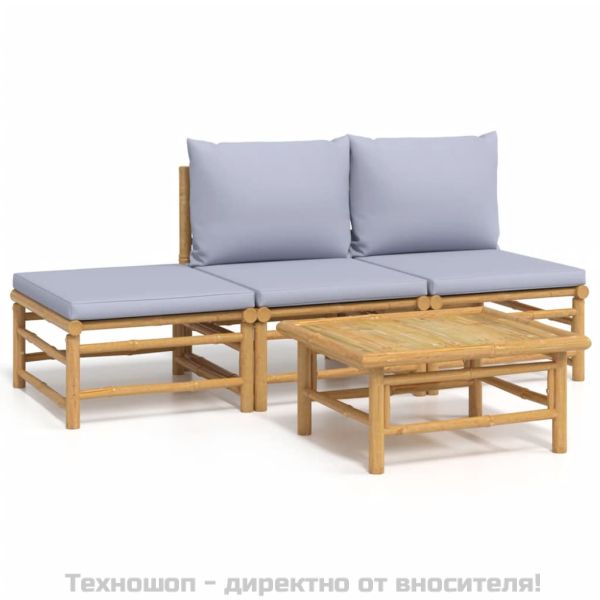 Градински лаундж комплект 4 части светлосиви възглавници бамбук