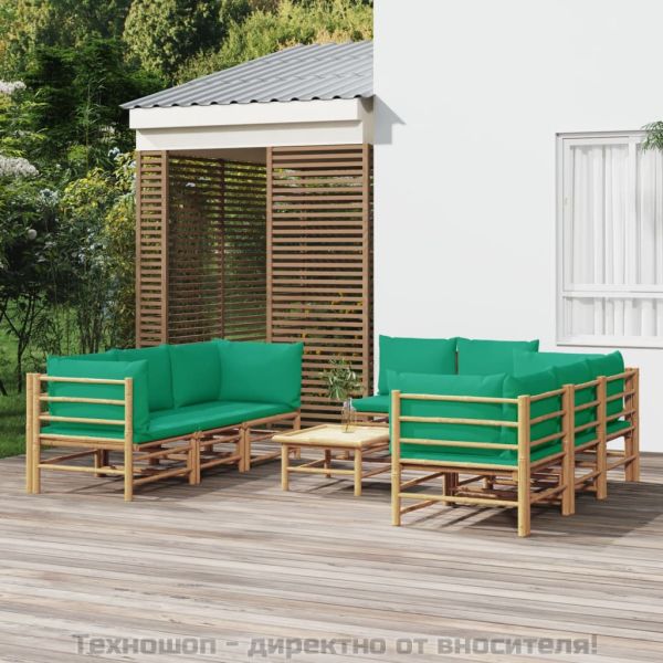 Градински лаундж комплект, 9 части, зелени възглавници, бамбук