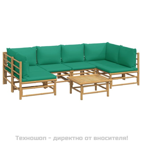Градински лаундж комплект, 7 части, зелени възглавници, бамбук