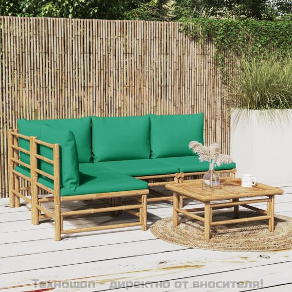 Градински лаундж комплект, 5 части, зелени възглавници, бамбук