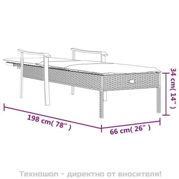 Шезлонг с възглавница, сив, полиратан