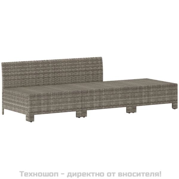 Градински комплект с възглавници, 3 части, сив, полиратан