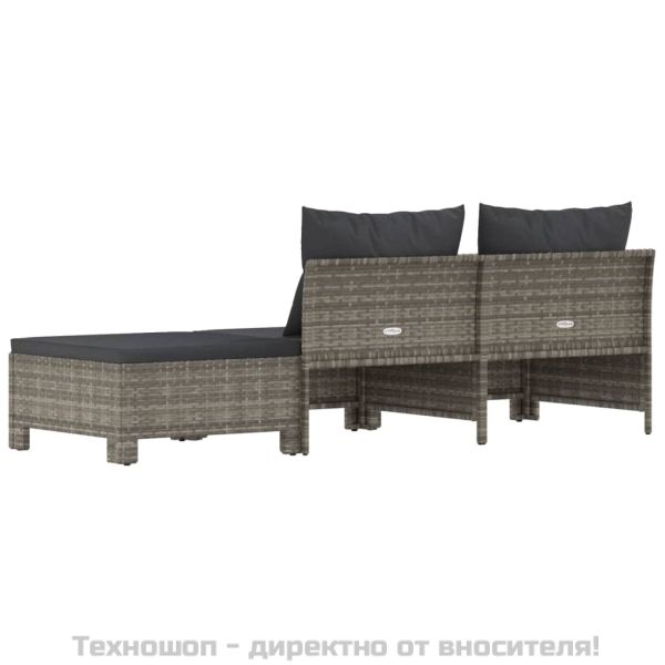 Градински комплект с възглавници, 3 части, сив, полиратан