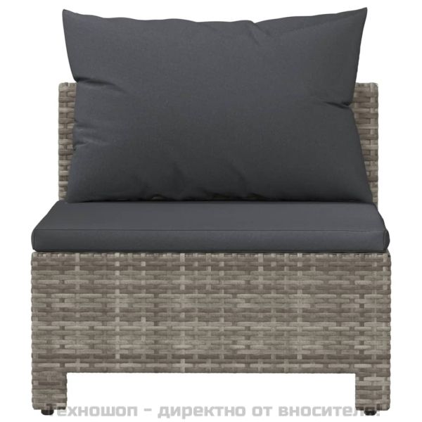 Градински среден диван с възглавница, сив, полиратан