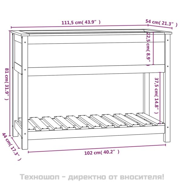Плантер с рафт, черен, 111,5x54x81 см, борово дърво масив