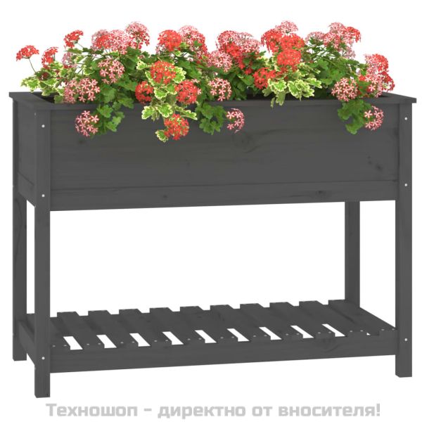 Плантер с рафт, сив, 111,5x54x81 см, борово дърво масив