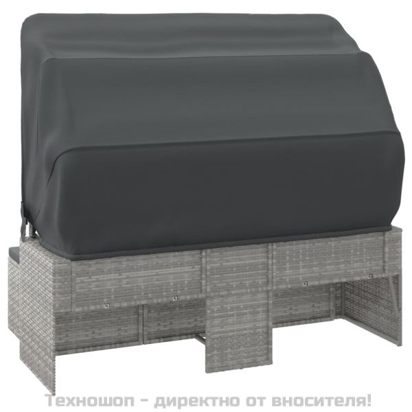 3-местен градински диван с покрив и табуретка, сив полиратан