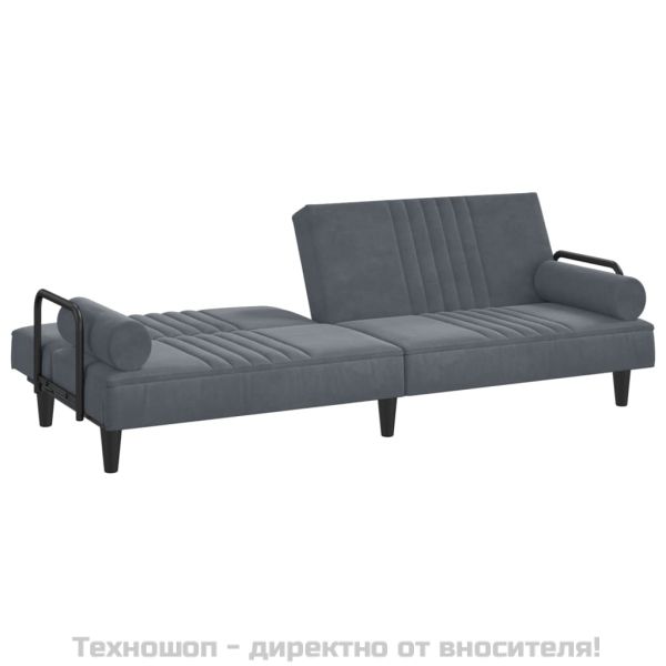 Разтегателно канапе с подлакътници, тъмносиво, кадифе