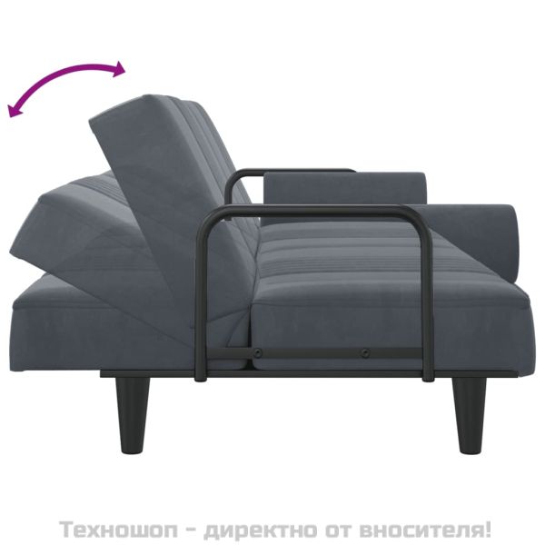 Разтегателно канапе с подлакътници, тъмносиво, кадифе