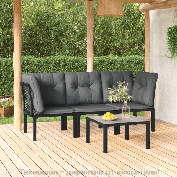 Градински лаундж комплект 4 части черно и сиво полиратан